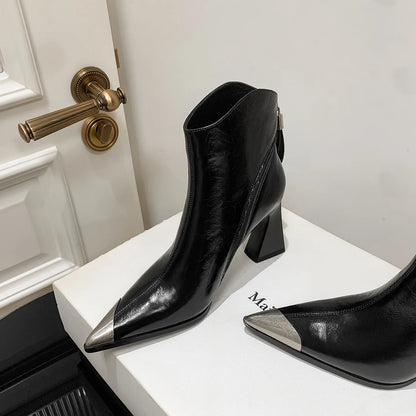 Women's Metallic Ankle Boots Metal Toe Cap Block Heel Design Sharp Pointed Toe Elegant Side Zipper Office-Casual Daily Botas