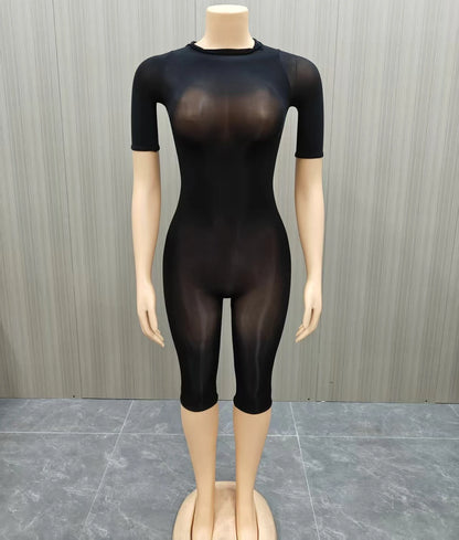 FLARORA Sexy Mesh See Through Rompers Woman Trend O Neck Short Sleeve Skinny Peach Hip Playsuits Stretch Midnight Party Clubwear