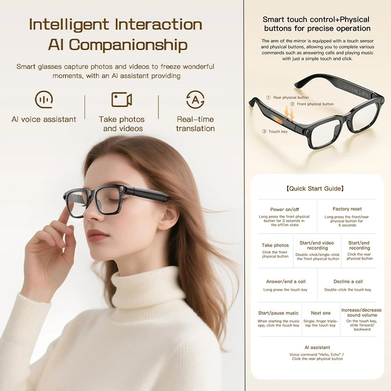 2026 New Smart Glasses 800W HD Camera Video Record AI Assistant Touch Control Translation HD Audio 300mAh Battery Smart Glasses