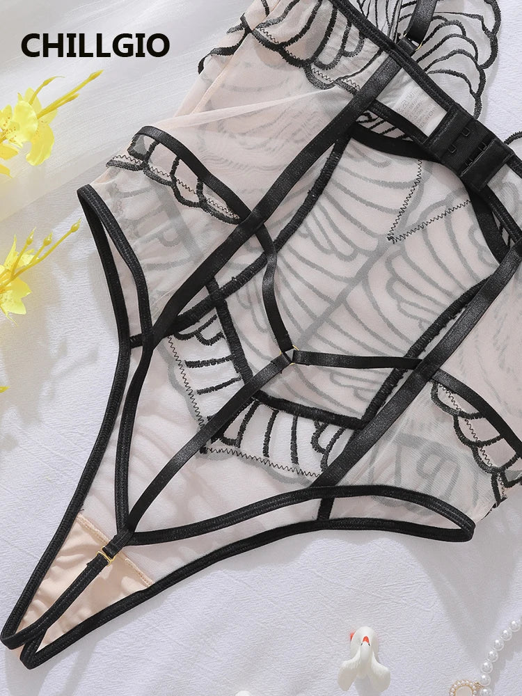 CHILLGIO Women Sexy Transparent Strappy Rompers Lingerie Lace Onesie Deep V Catsuits Ins Bodycon One Piece Combination Bodysuits