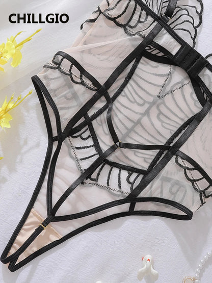 CHILLGIO Women Sexy Transparent Strappy Rompers Lingerie Lace Onesie Deep V Catsuits Ins Bodycon One Piece Combination Bodysuits