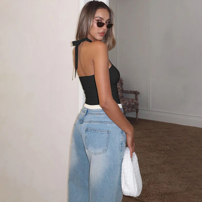 Hugcitar Women Fashion Halter Solid Loop Backless Bandage Sexy Crop Tank Top 2025 Summer Casual Clothes Streetwear Vacation Club