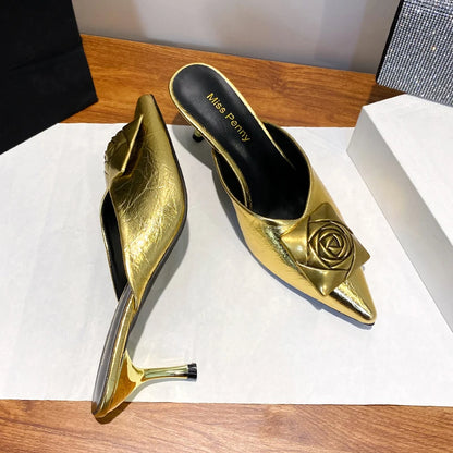 Women High Heels Slippers Summer New Luxury Fashion Gold Flower Decoration Modren Sandals Ladies Pointed Toe Mules Shoes Slides