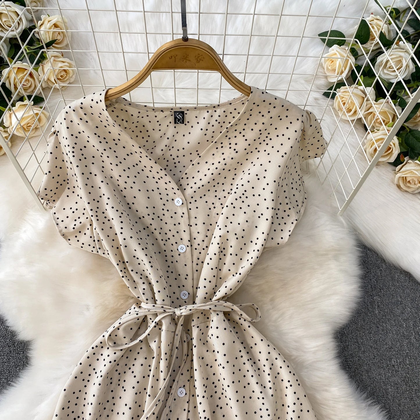 Summer Women Polka Dot Long Dress Vintage V-Neck Flying Sleeve High Waist Single Breasted A-Line Casual Vestidos Female Robe New