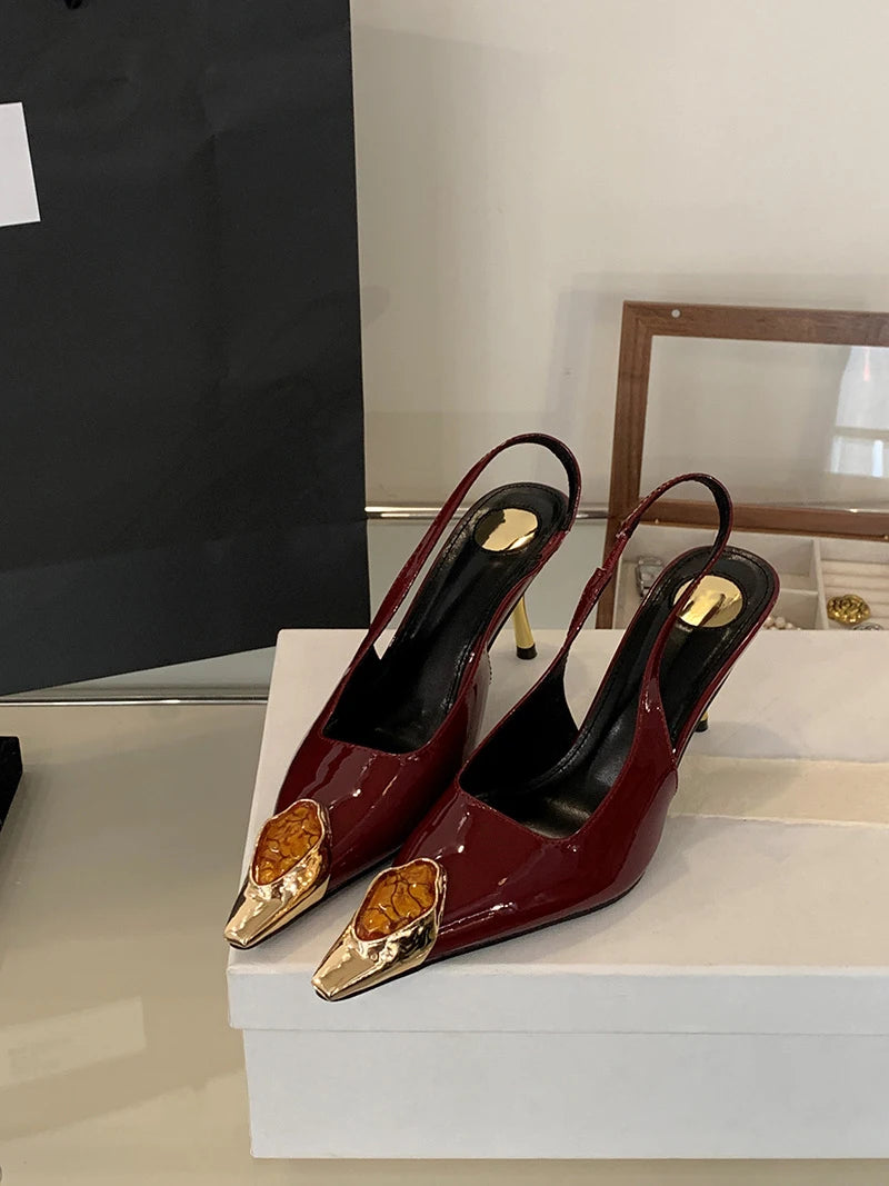 Liyke Fashion Design Inlay Gems Pointed Toe Patent Leather Sexy Slingback Sandals Women Pumps High Heels Wedding Banquet Shoes