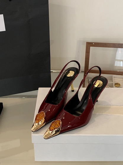 Liyke Fashion Design Inlay Gems Pointed Toe Patent Leather Sexy Slingback Sandals Women Pumps High Heels Wedding Banquet Shoes