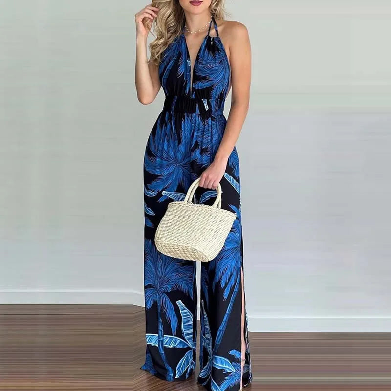 New Summer Sleeveless Halter Jumpsuits for Women Backless Print Lace-up Wide-leg Women Jumpsuit Rompers Womens Jumpsuit