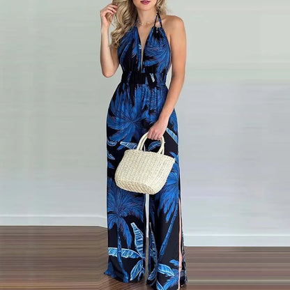 New Summer Sleeveless Halter Jumpsuits for Women Backless Print Lace-up Wide-leg Women Jumpsuit Rompers Womens Jumpsuit