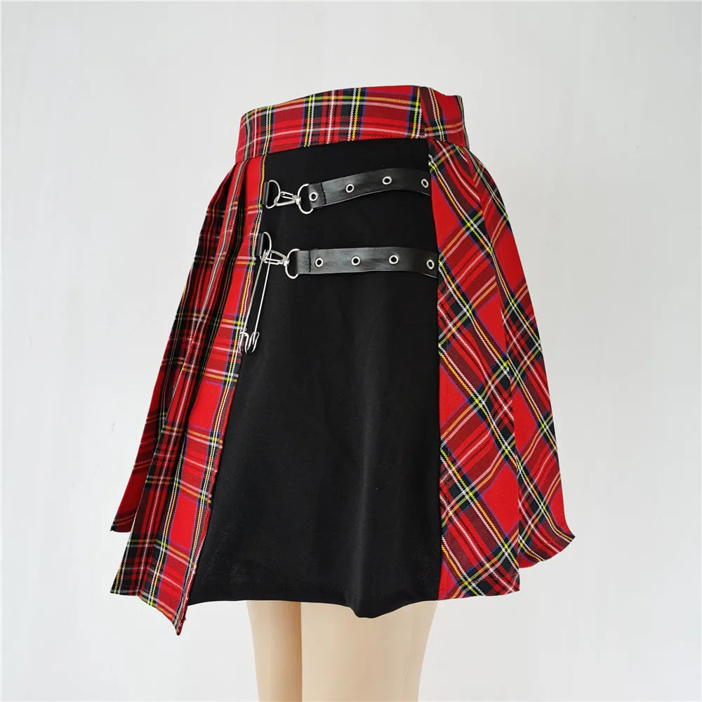 FICHOR Mall Goth Gothic Lace Ruffle Mini Skirts Womens Harajuku Fairy Grunge Pink Plaid Pleated Skirt Japanese Lolita Streetwear
