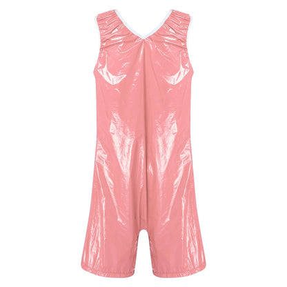 Women One Piece Adaptive Pajama Nightwear Shiny Metallic Sleeveless Buttoned Sleeveless Jumpsuit Waterproof Rompers Bodysuit