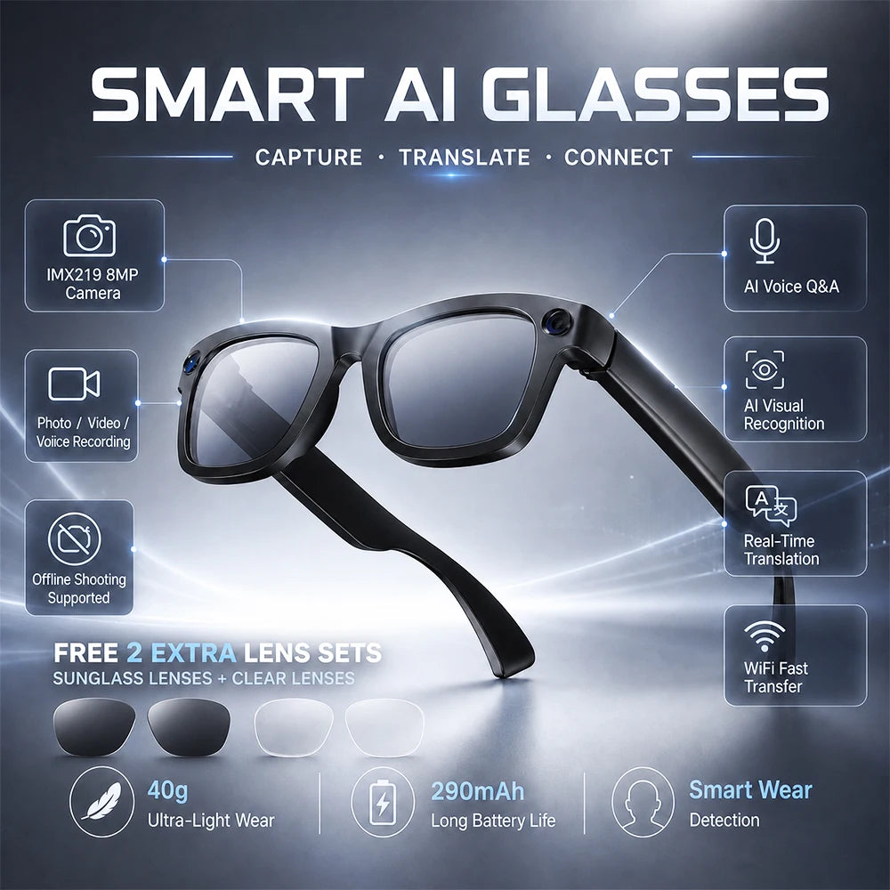 2026 New Smart Glasses 800W HD Camera AI All Things Recognition Recording and Video Calling Real-time Translation Smart Glasses