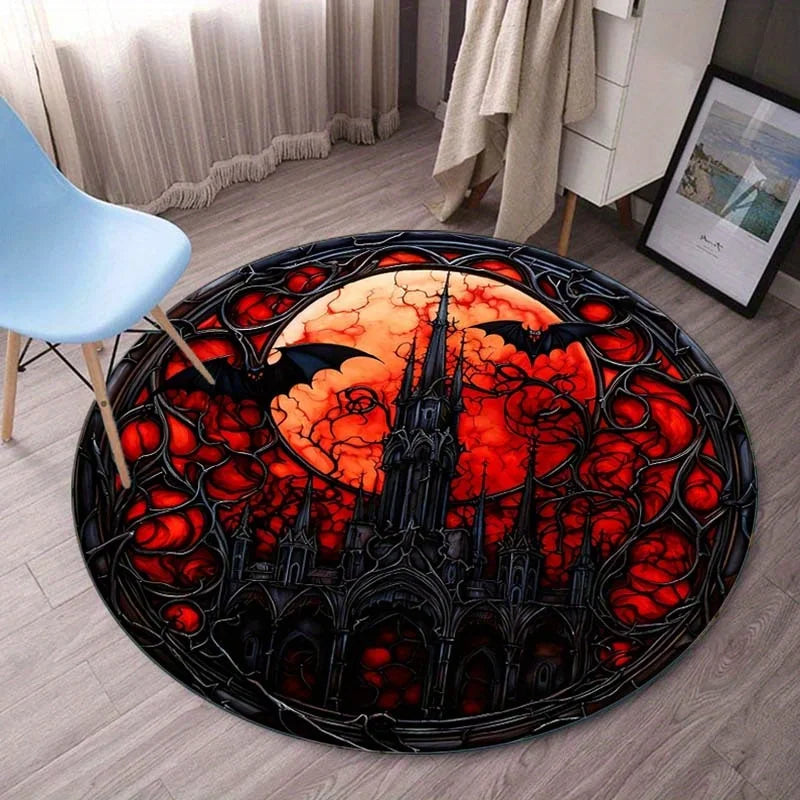 Gothic castle red moon bats round rug Halloween horror theme dark fantasy decor spooky home decoration stainedglassstylefloormat