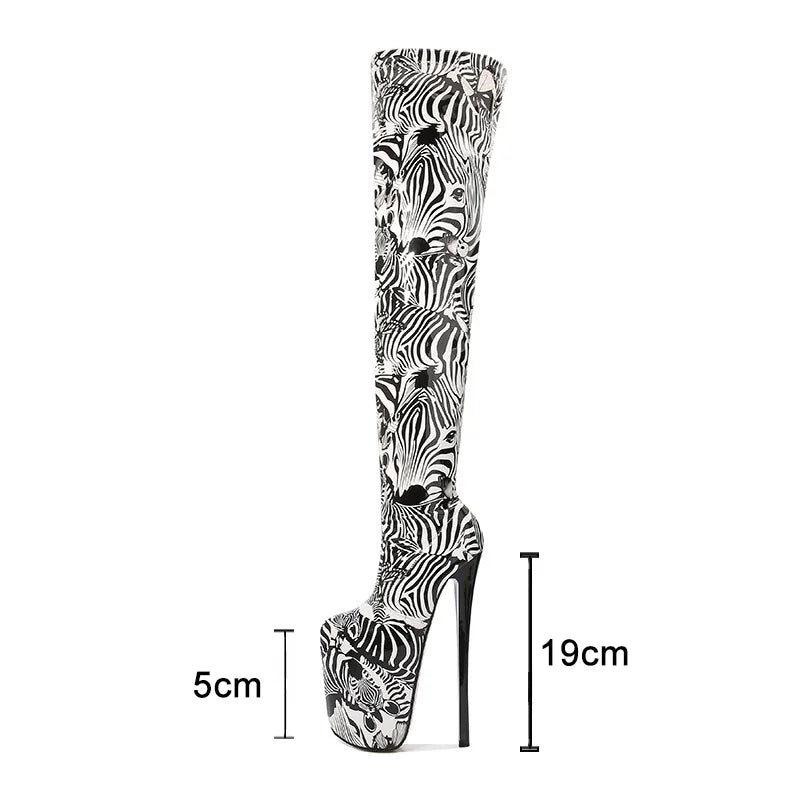Spring Summer Patent Leather 19cm Super High Heels Platform Over The Knee Boots Women Large Size Zebra Patten Long Thigh Boots