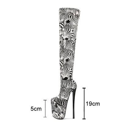 Spring Summer Patent Leather 19cm Super High Heels Platform Over The Knee Boots Women Large Size Zebra Patten Long Thigh Boots