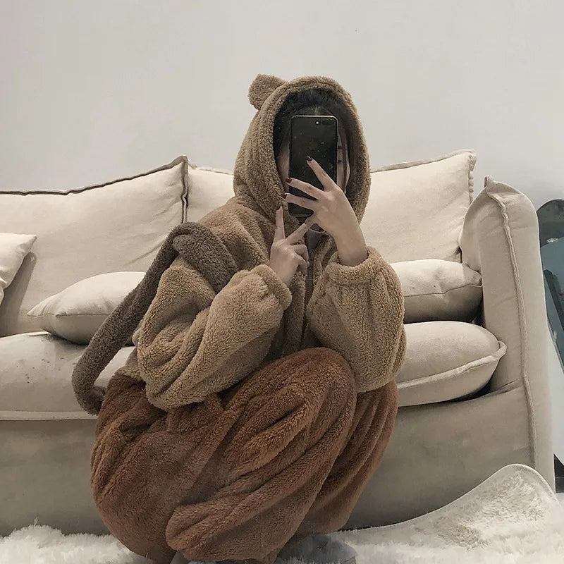 Flannel Anime Onesie Adults Animal Pijama Pajamas Set Women Men Cosplay Halloween Cartoon Pyjama Adults Winter Bear Sleepwear