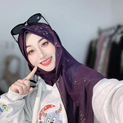 Malay Solid Chiffon Turban Head Scarf for Women, Irregular Rhinestone Hotfix Wrapped L-Edge Pull-On Scarf,Soft Muslim Hijab Wrap