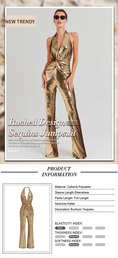 VC Gold Elegant Jumpsuits For Woman Luxury Brown Sequins Design Fashion Party Sexy Backless Sleeveless One Piece Female Clothing