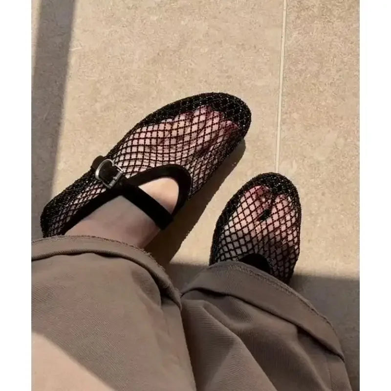 2026 New Model~ Fishnet Rhinestone Ballet Flat Mary Jane Women's Shoes with Hollowed-Out Strap