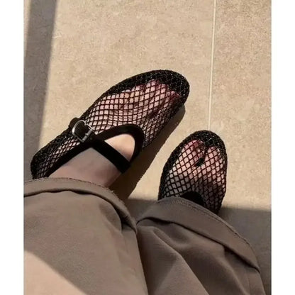 2026 New Model~ Fishnet Rhinestone Ballet Flat Mary Jane Women's Shoes with Hollowed-Out Strap