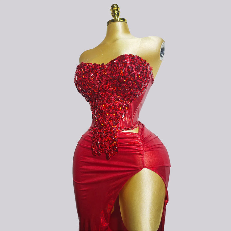 Woman Performance Suit Sexy Pink Backless Strapless Rhinestones Dress Event Costume Dancewear Top And Skirt Birthday Drag Club
