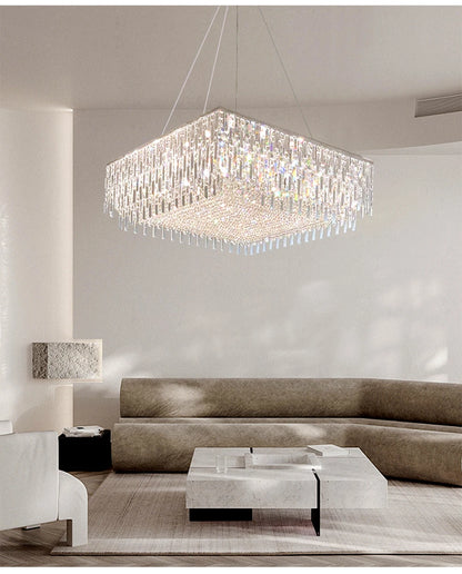 Luxury Crystal Long Pendant Lights Modern Lustres LED Chrome Hanging Lamps for Ceiling Silver Home Decor for Dining Room Remote