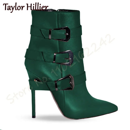 Rose Red Suede Belt Buckle Short Boots Pointed Toe Stiletto Side Zipper Modern Boots Fashion Party Catwalk Luxury Short Boots 46