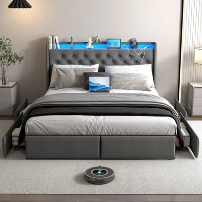 Queen Upholstered Bed Frame 4 Storage Drawers LED Lights USB Charging Headboard, Custom