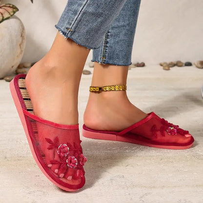 Mesh Breathable Embroider Sequin Flower Mules Shoes Summer Closed Toe Soft Bottom Sandals Female Chinese Style Bamboo Sandals
