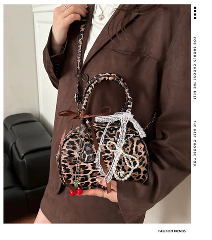 Vintage Leopard Pu Shoulder Bags for Women Portable Trendy Ladies Crossbody Bag Lace Pearl Pendant Female Bowling Handbags