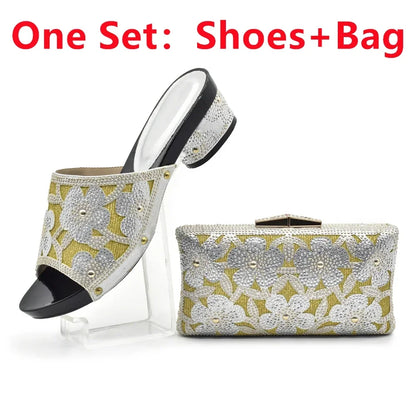 New Arrival Green Color Nigerian Shoes and Matching Bags Set Italian Ladies Shoes and Bags To Match Set Decorated with Rhinstone