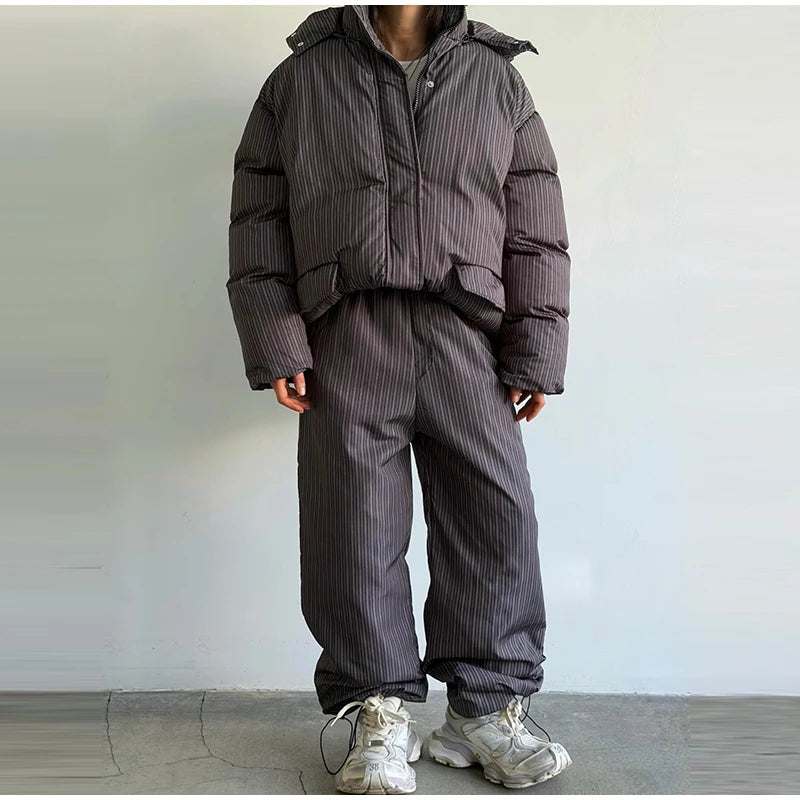 Polka Dots Hooded Cotton Coats Trousers Set 2026 Winter Loose Zippers Drawstring Jacket Elastic Waist Pants Women's Warm Outfits