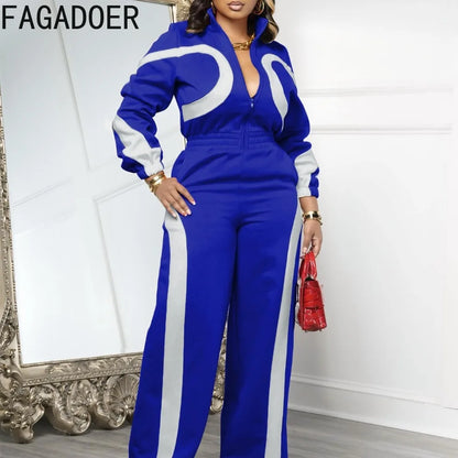 FAGADOER Autumn New Fashion Sports Bodycon Jumpsuits for Women Color Block Zipper Patchwork Rompers Female Streetwear Overalls