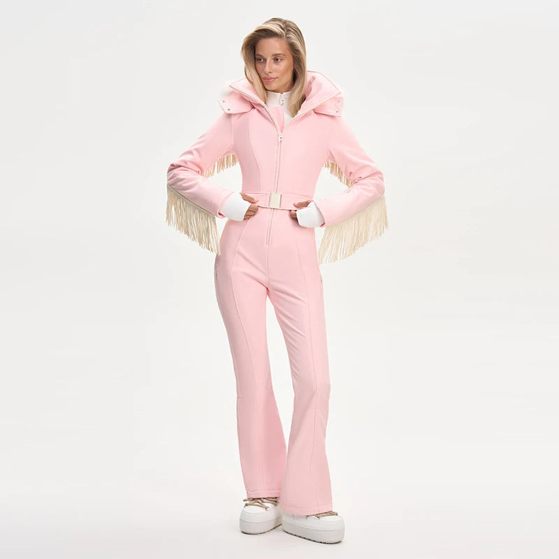 Thicken One-piece Ski Suit Women Faux Fur Hooded Tassels Coat High Waist Belt Jumpsuit 2025 Winter Windproof Waterproof Skiwears