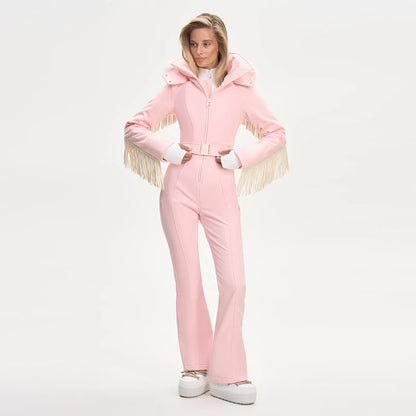 Thicken One-piece Ski Suit Women Faux Fur Hooded Tassels Coat High Waist Belt Jumpsuit 2025 Winter Windproof Waterproof Skiwears