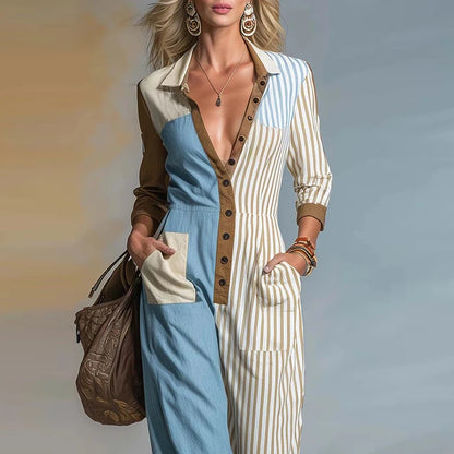 Fashion Lapel Long Sleeve Jumpsuit Elegant Color Blocked Pocket Rompers Autumn New Women's High Waist Commute Playsuits Overalls