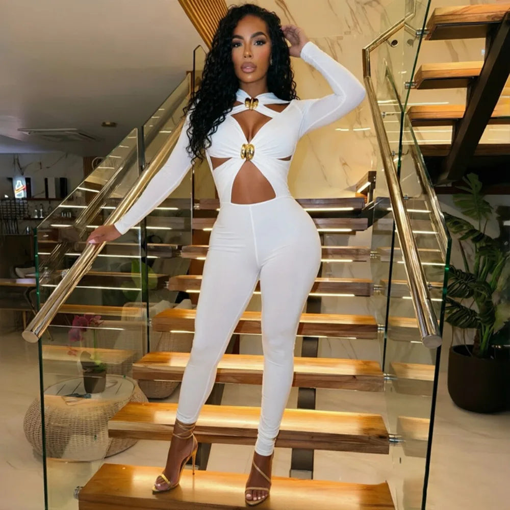 FLARORA Sexy Hollow Out Jumpsuits Woman Trend Metal Buckle Decoration Full Sleeve Skinny Peach Hip Party Club Street Overalls