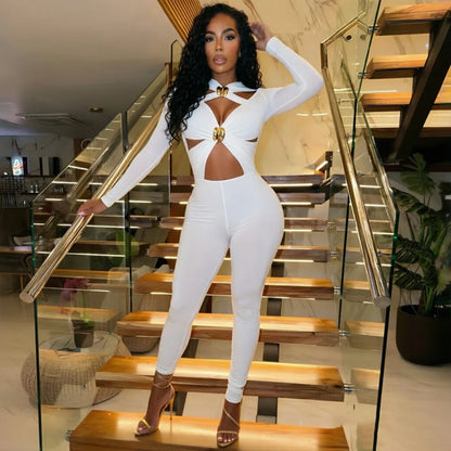 FLARORA Sexy Hollow Out Jumpsuits Woman Trend Metal Buckle Decoration Full Sleeve Skinny Peach Hip Party Club Street Overalls