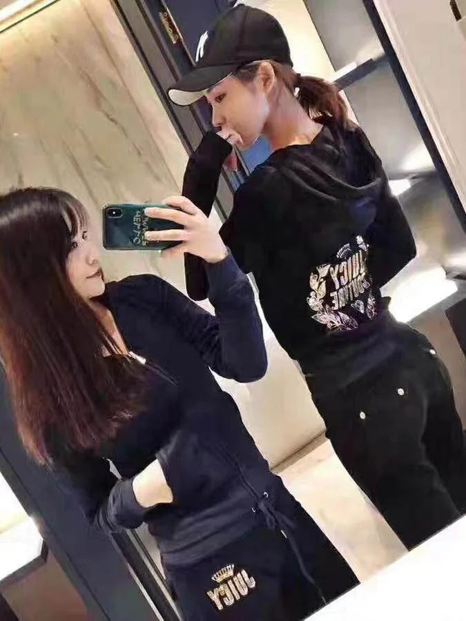 Velvet Sports Jacket Women'S Long Sleeved Casual Wear Hoodie Sequins Slim Fit And Slimming Two-Piece Set