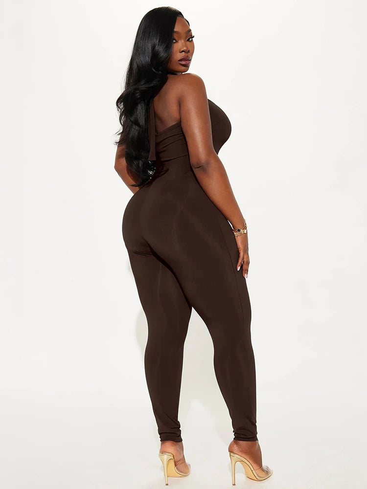 Weird Puss Hipster Backless Jumpsuit Women Halter Lace-Up Low Chest Sexy Solid Midnight Activity Stretch Slim Streetwear Overall
