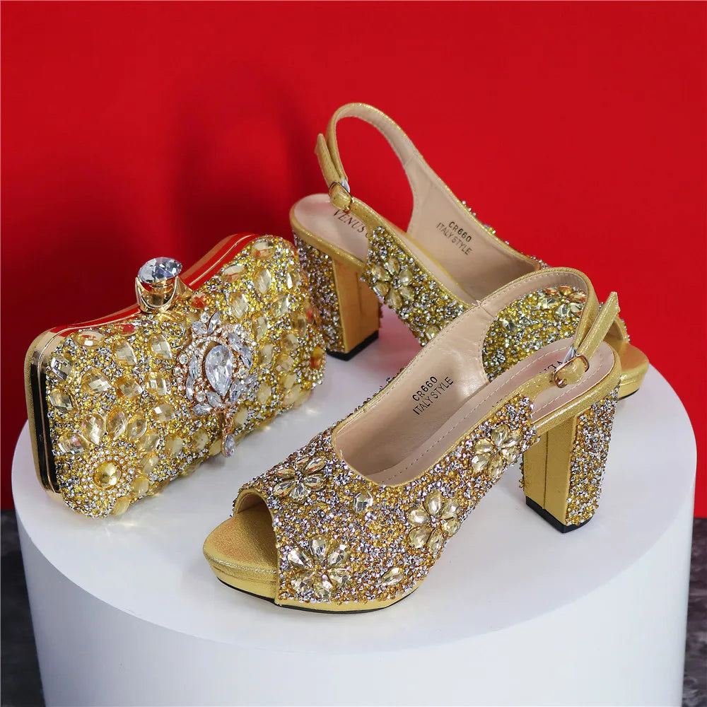 2024 Latest Italian Design African Women's High Heels Round Head Sandals Party Wedding Party Golden Color Shoes and Bags Set