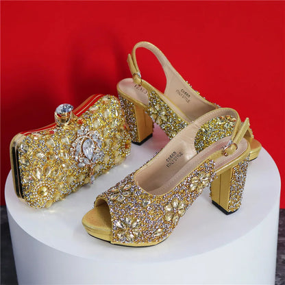 2024 Latest Italian Design African Women's High Heels Round Head Sandals Party Wedding Party Golden Color Shoes and Bags Set