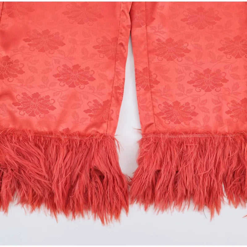 Jacquard Satin Fringe Three Piece Set Kimono Long Open Coat Wrap V Neck Top Fringe Trousers 2026 Summer Resort Lady Elegant Suit
