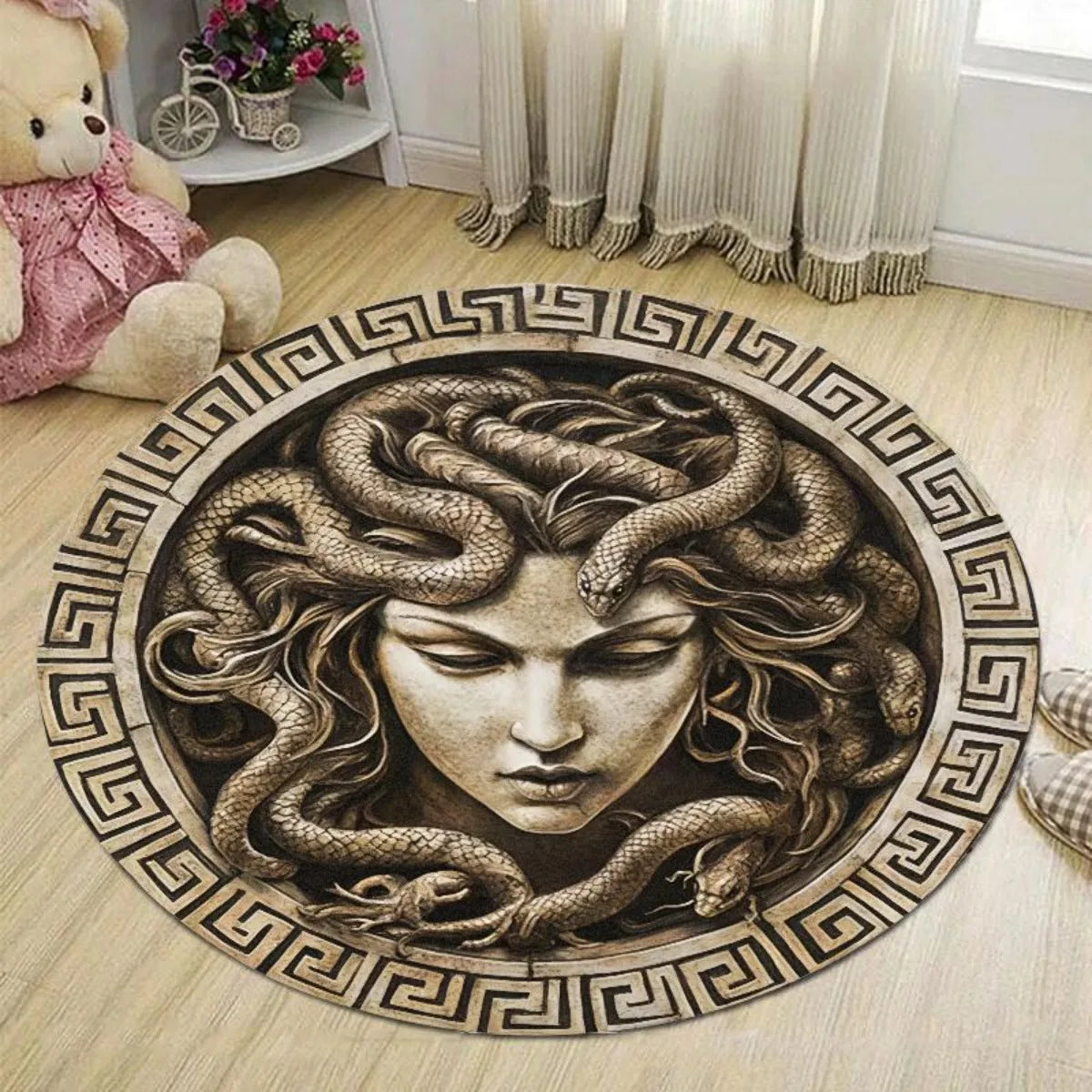 1pc Medusa Greek Myth Round Rug Flannel Ancient Art Floor Mat Bedroom Bathroom Decor Snake Hair Goddess Design Soft Carpet