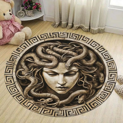 1pc Medusa Greek Myth Round Rug Flannel Ancient Art Floor Mat Bedroom Bathroom Decor Snake Hair Goddess Design Soft Carpet
