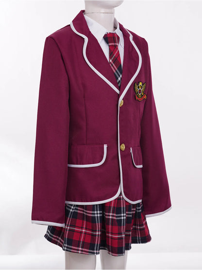 Kids Girls British Style School Uniforms Student Cosplay Anime Costume Suit Long Sleeve Coat With Shirt Tie Mini Skirt Set 4Pcs