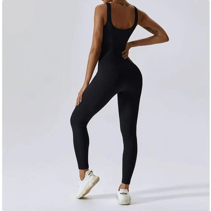 Womens Jumpsuits Sleeveless Yoga Slim Fit Stretch Screw Thread One Piece Romper Sexy Fitness Female Pink Sportwears Chest Pads