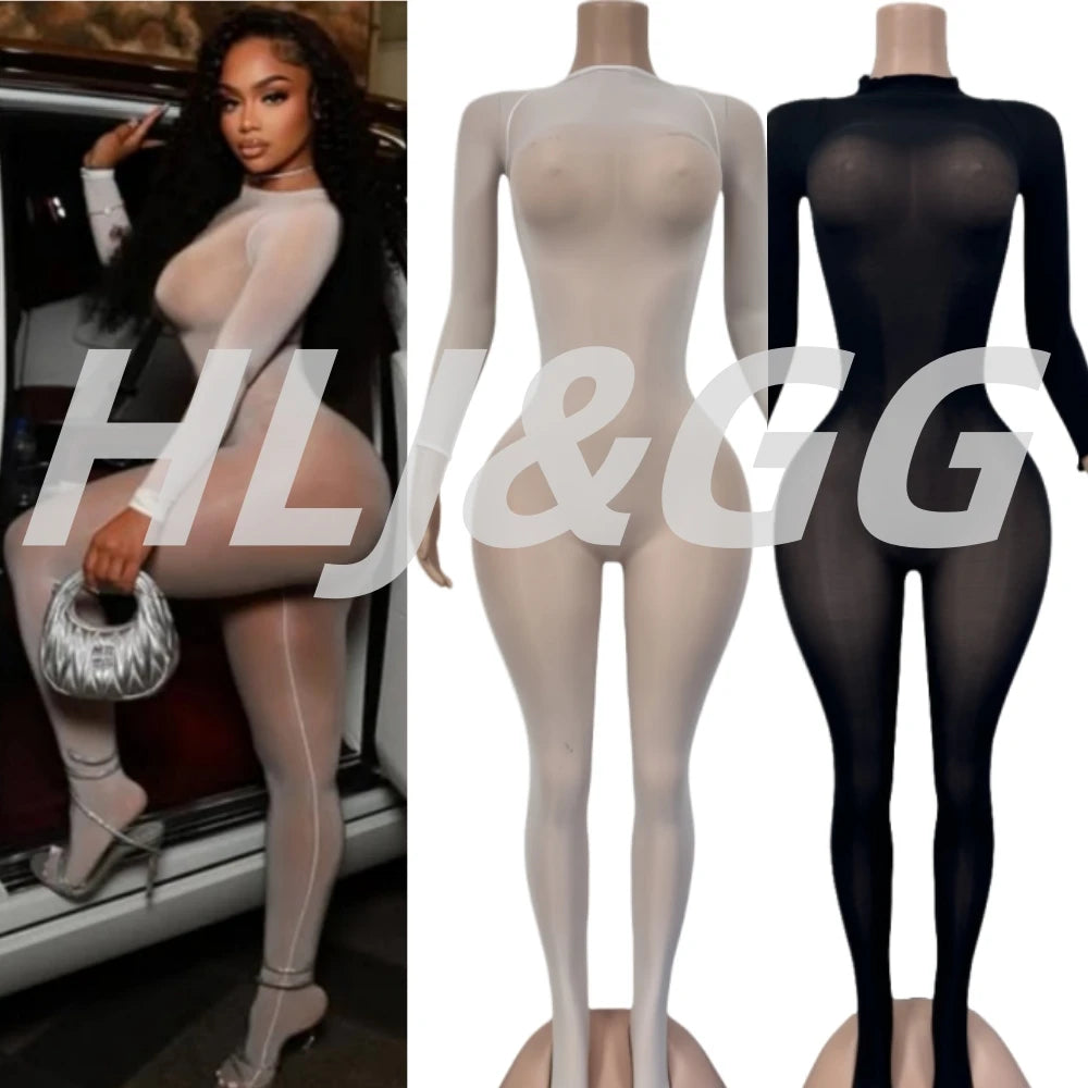 HLJ&GG Sexy Mesh See Through Bodycon One Piece Jumpsuits Women O Neck Long Sleeve Stretchy Overall Lady Party Clubwear Playsuits