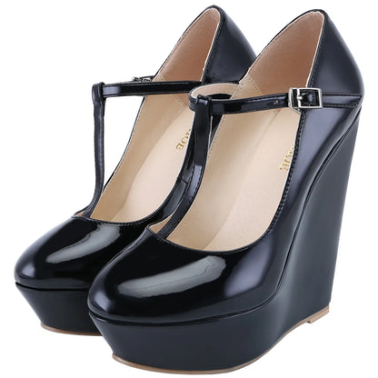 Women Pumps 2026 New Autumn Winter 14cm Round Toes Platform Wedge High Heels T-Strap Gladiator Ladies Dress Party Wedding Shoes