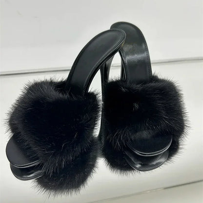 Mink fur high heels for women, slim heels, summer new style, open toe slippers, sexy fish mouth leather party sandals for women