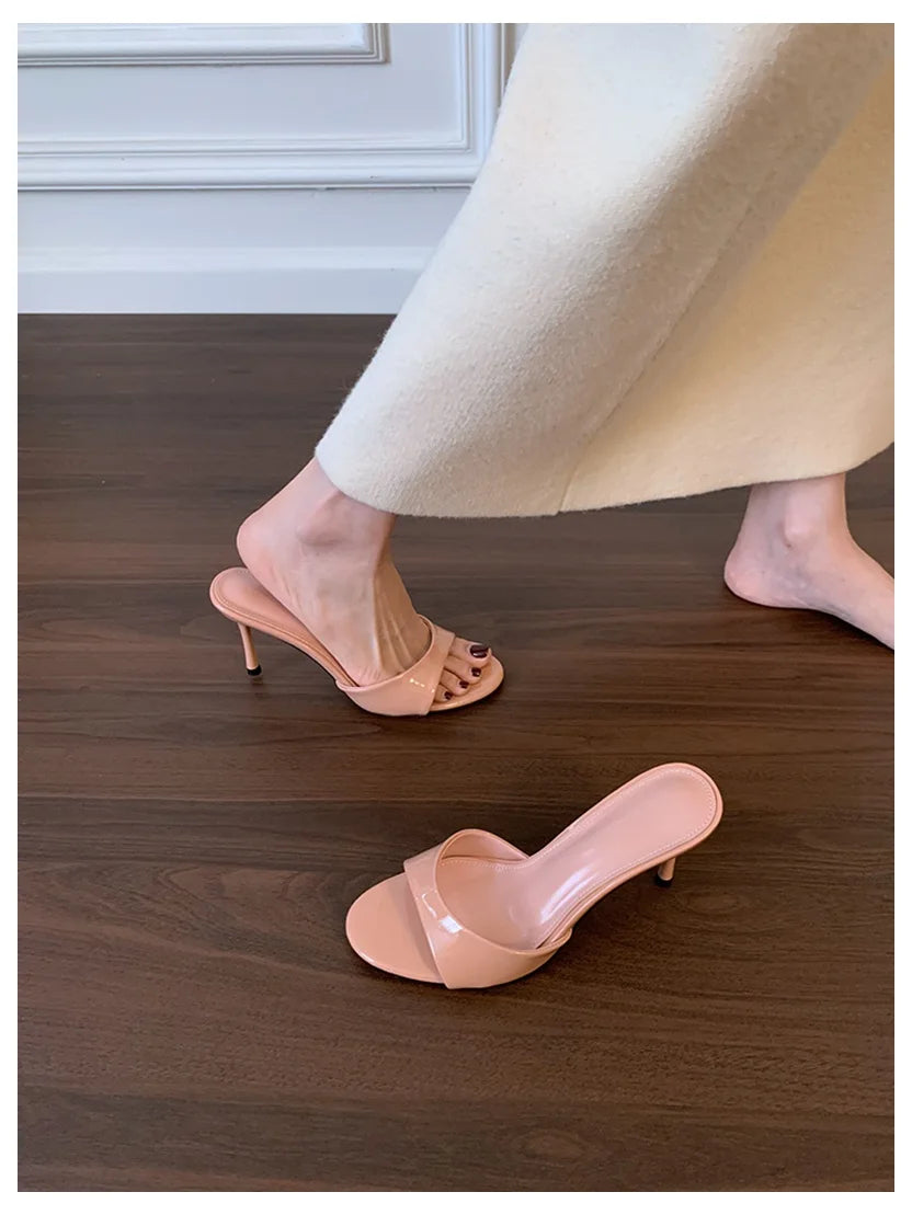 Women Slippers Sandals Fashion Round Open Toe Thin High Heels Mule Slides Summer Party Dress Pumps Shoe Comfortable Sandal Mujer